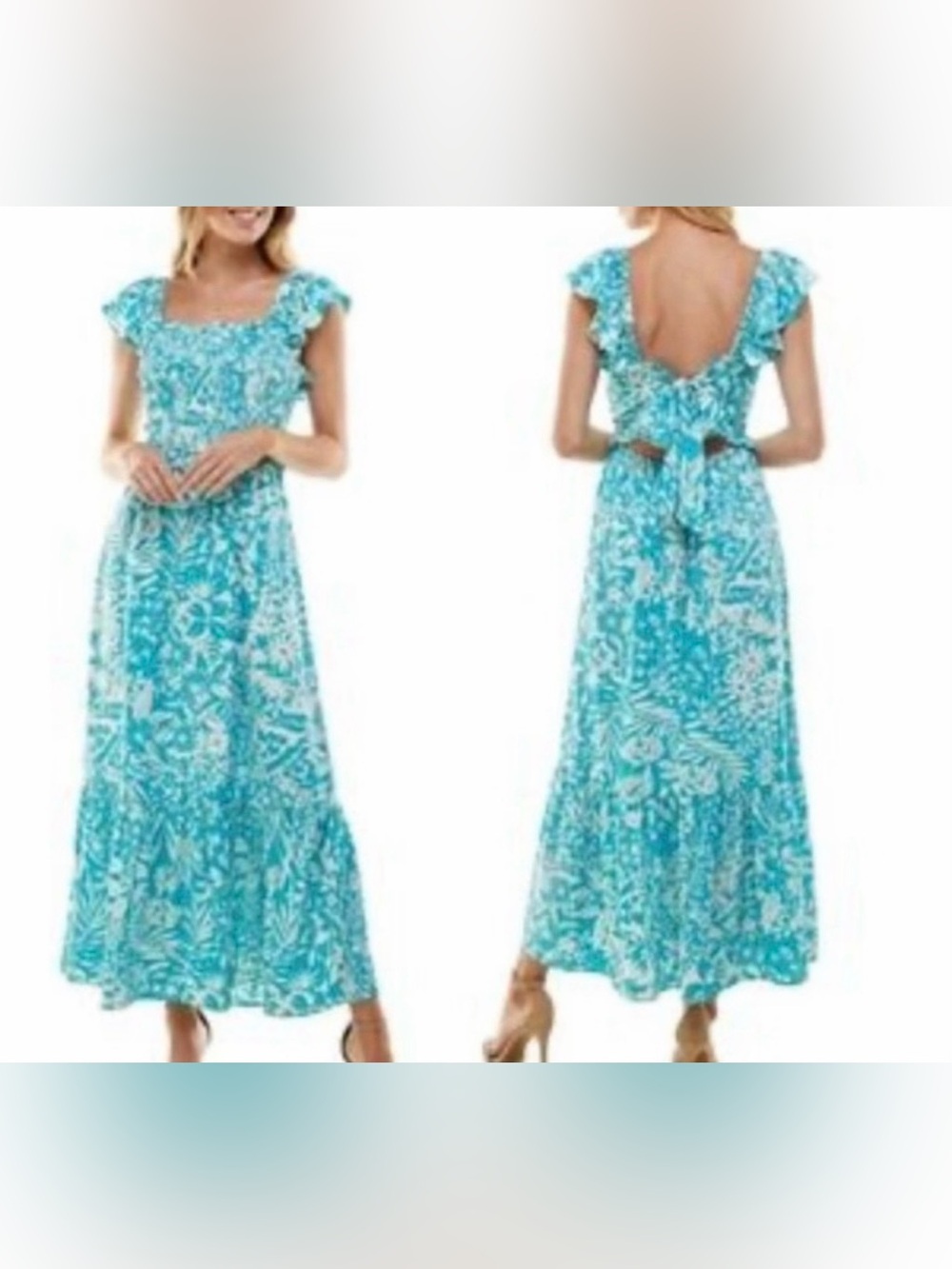 Love & piece collective blue and white Floral Maxi ruched Dress with Open Back